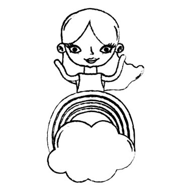 Grunge kadın uzun saç modeli ve rainbow ile bulut vektör çizim