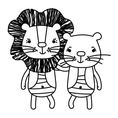 Çift aslan birlikte satır sevimli hayvan vektör çizim