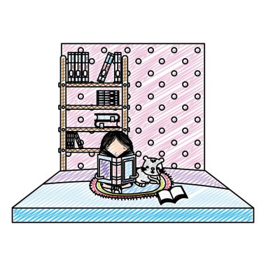 kedi ve kitaplık vektör çizim ile kitap okuma kız doodle