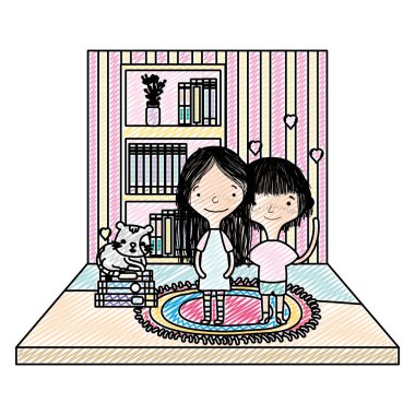 Kitaplık ve kedi vektör çizim Doodle çocuk kitapları ile organize