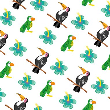 egzotik kuş ve tropikal çiçek arka plan illüstrasyon vektör