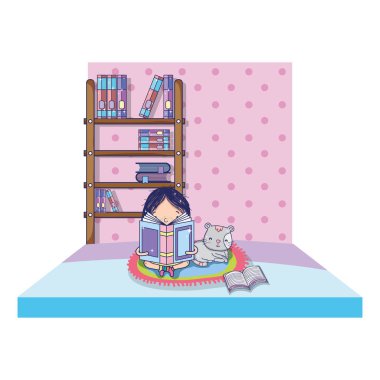 kız kedi ve kitaplık vektör çizim ile kitap okuma
