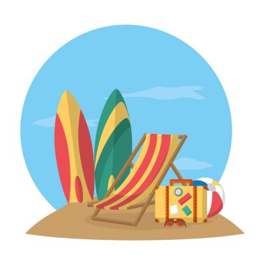 sörf tahtaları ile plaj sandalye ve sırt çantası vektör çizim seyahat