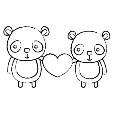 Grunge çift panda ellerinde şirin kalpli illüstrasyon vektör