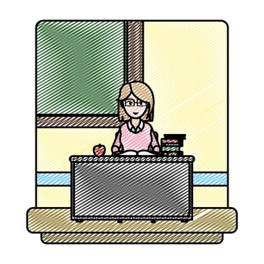 kitap ve onun resepsiyon vektör çizim içinde elma ile eğitim öğretmen doodle