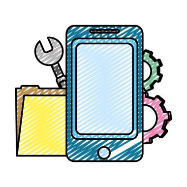 Doodle smartphone ile klasör dosya ve sanayi ekipmanları vektör çizim