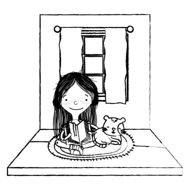 Grunge kız okuma kitabı kedi ve pencere vektör çizim ile