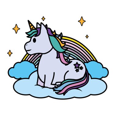 renk güzellik tek boynuzlu at saç modeli bulutlar ve gökkuşağı vektör çizim ile