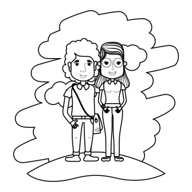 çanta vektör çizim ile güzel kadın ve adam bir çift çizgi