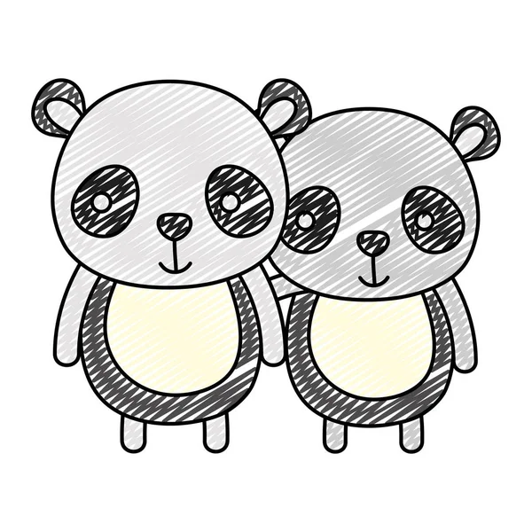 Doodle Couple Panda Together Cute Animal Vector Illustration — Stock Vector