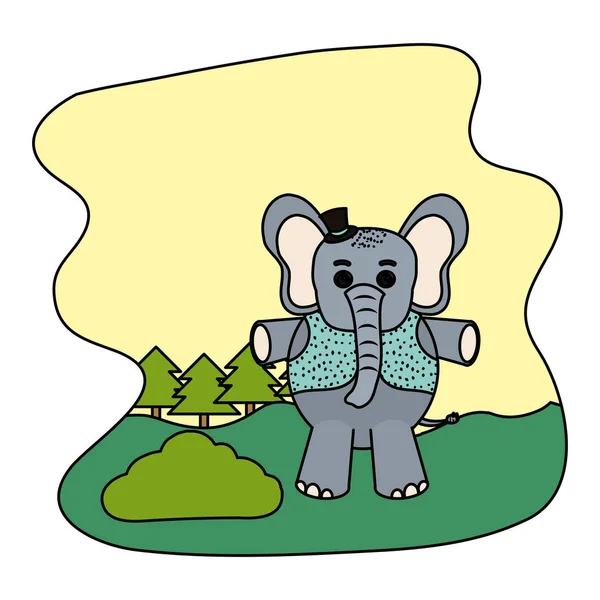 Animal Elefante Color Con Sombrero Chaleco Ilustración Del Vector Paisaje — Vector de stock