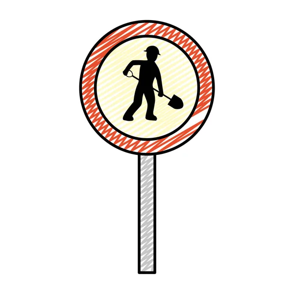 Doodle Circle Caution Emblem Laborer Shovel Vector Illustration — Stock Vector