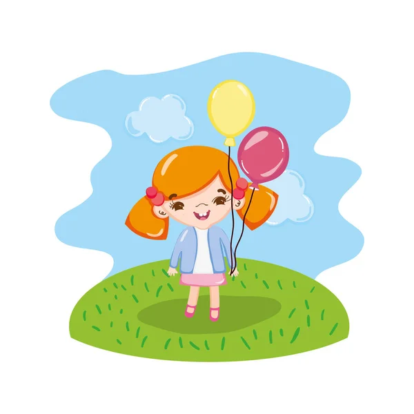 Mädchen Kind Mit Lustigen Luftballons Der Landschaft Vektor Illustration — Stockvektor