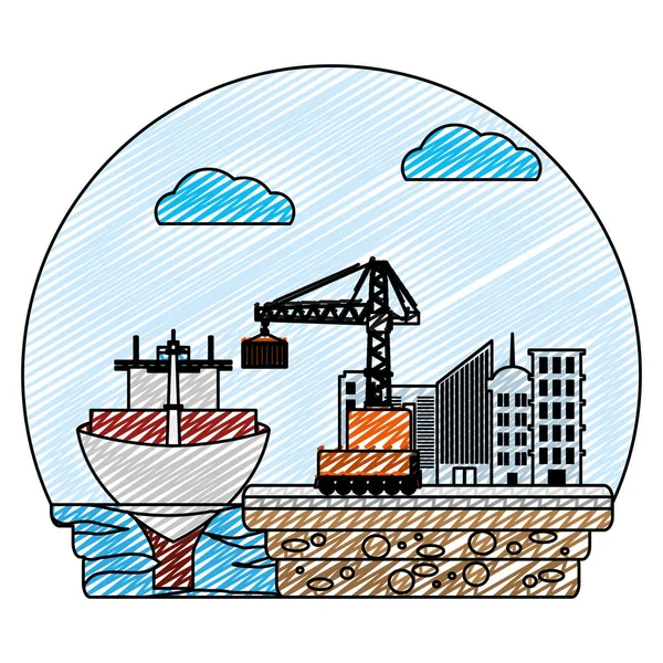 Doodle Hajó Szállítási Daru Konténer Rakomány Vektoros Illusztráció — Stock Vector