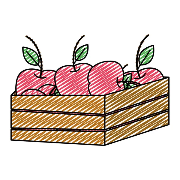 Doodle Νόστιμα Μήλα Φρούτα Μέσα Ξύλινο Καλάθι Εικονογράφηση Διάνυσμα — Διανυσματικό Αρχείο