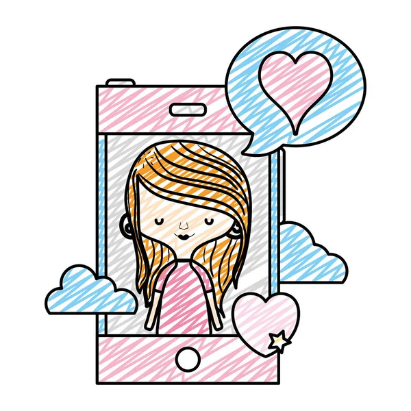 Doodle Γυναίκα Smartphone Και Καρδιά Μέσα Συνομιλία Φούσκα Εικονογράφηση Διάνυσμα — Διανυσματικό Αρχείο