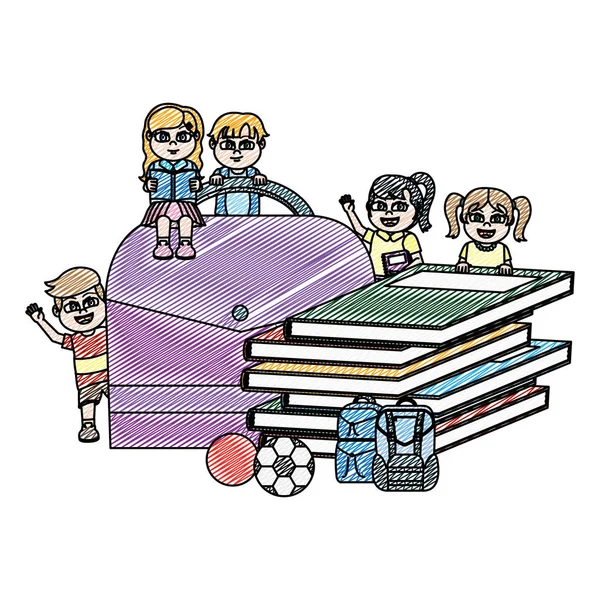 Doodle Agradável Crianças Estudantes Com Utensílios Escola Ilustração Vetorial — Vetor de Stock