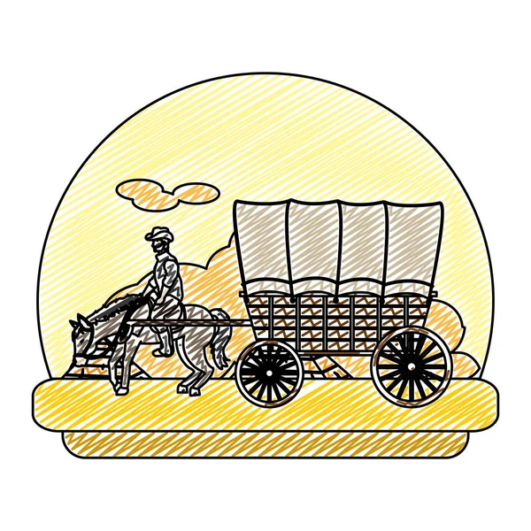Doodle Hombre Montar Caballo Con Carro Desierto Vector Ilustración — Vector de stock