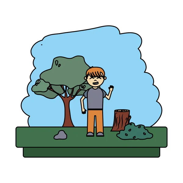 森林生態保護区ベクトル図に色幸せな少年 — ストックベクタ