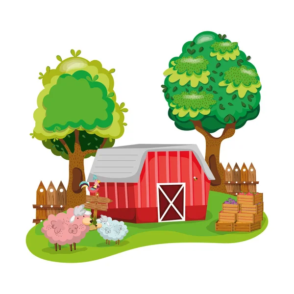 Dům Farma Ovce Kohout Zvířata Vektorové Ilustrace — Stockový vektor
