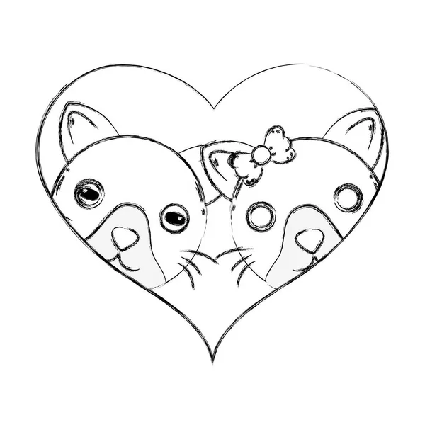 Figura Gato Lindo Pareja Animal Juntos Dentro Del Corazón Vector — Archivo Imágenes Vectoriales