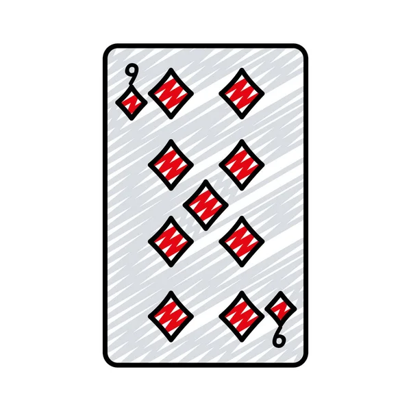 Doodle Nueve Diamantes Casino Juego Cartas Vector Ilustración — Vector de stock
