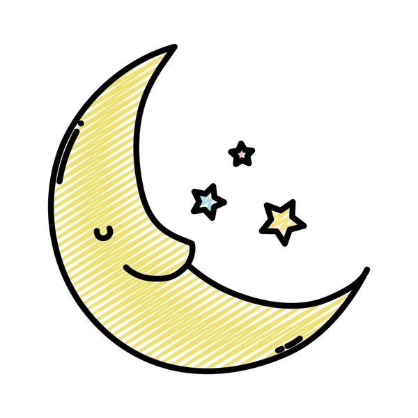 Doodle Kawaii Happy Moon Mit Sternen Himmel Vektor Illustration — Stockvektor