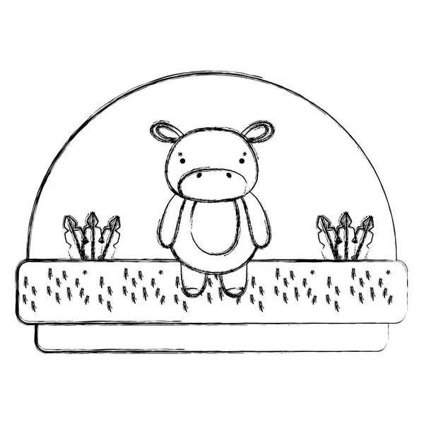 Grunge Hippopotame Mignon Animal Dans Campagne Les Plantes Illustration Vectorielle — Image vectorielle