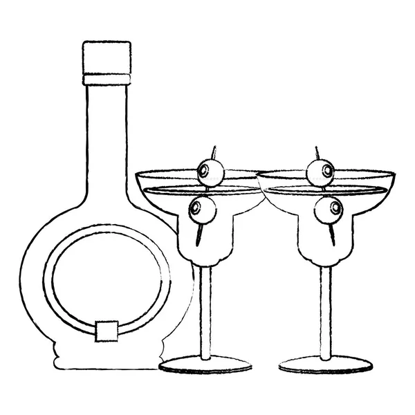 Botella Licor Cóctel Grunge Vidrio Con Ilustración Vector Aceitunas — Archivo Imágenes Vectoriales