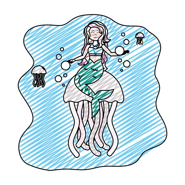 Doodle Schattig Sirene Vrouw Met Kwallen Dieren Vectorillustratie — Stockvector