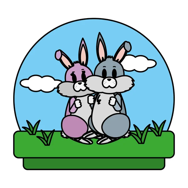 Farbe Niedlich Paar Kaninchen Stehen Der Landschaft Vektor Illustration — Stockvektor