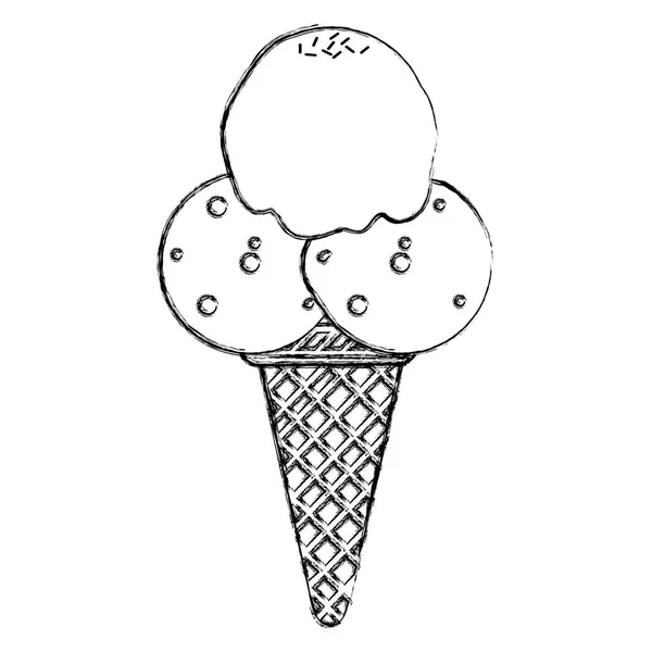 Grunge Ice Cream Three Balls Cone Vector Illustration — Stock Vector
