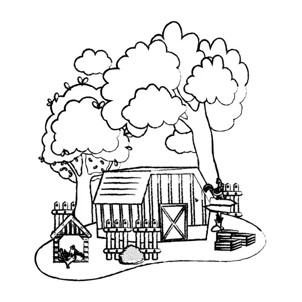 Grunge Casa Fazenda Com Animais Frango Vegetais Vetor Ilustração — Vetor de Stock
