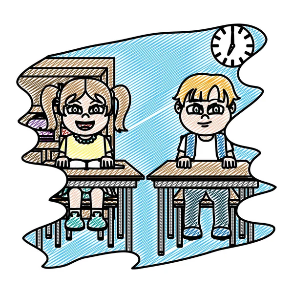 Doodle Menina Menino Estudantes Sentado Mesa Vetor Ilustração —  Vetores de Stock