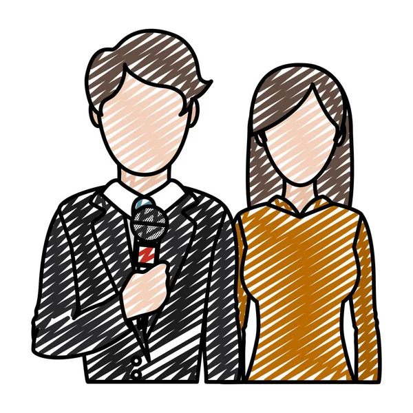 Doodle Mann Und Frau Reporter Professionelle Partner Vektor Illustration — Stockvektor