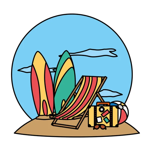 Tablas Surf Color Con Silla Playa Viaje Mochila Vector Ilustración — Archivo Imágenes Vectoriales