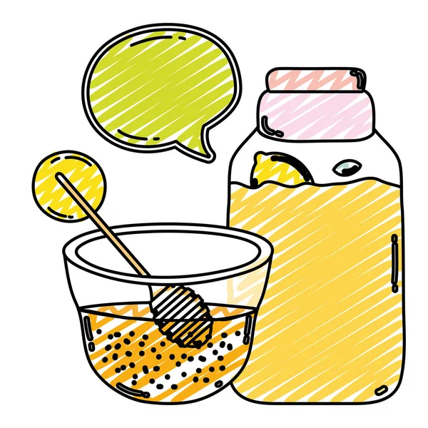 Doodle Succo Limone Nel Vaso Miele Ciotola Vettoriale Illustrazione — Vettoriale Stock