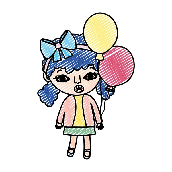 Doodle Niña Con Dos Colas Globos Vector Ilustración — Archivo Imágenes Vectoriales