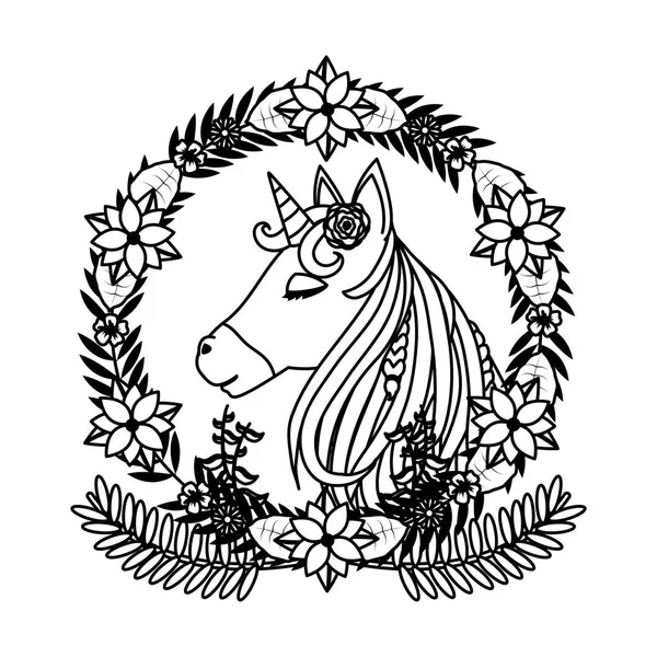 Линия Единорога Внутри Ветвей Круга Цветы Листья Векторной Иллюстрации — стоковый вектор