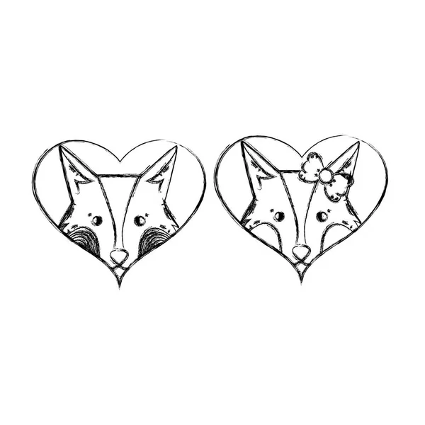 Figure Cute Fox Couple Animal Hearts Vector Illustration — Stock Vector