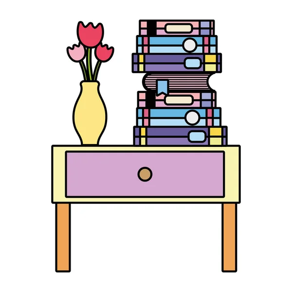 Barevné Knihy Květiny Váza Tabulce Konec Vektorové Ilustrace — Stockový vektor