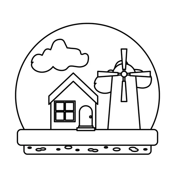 Lijn Huis Natuur Windmolen Landbouw Toren Vectorillustratie — Stockvector