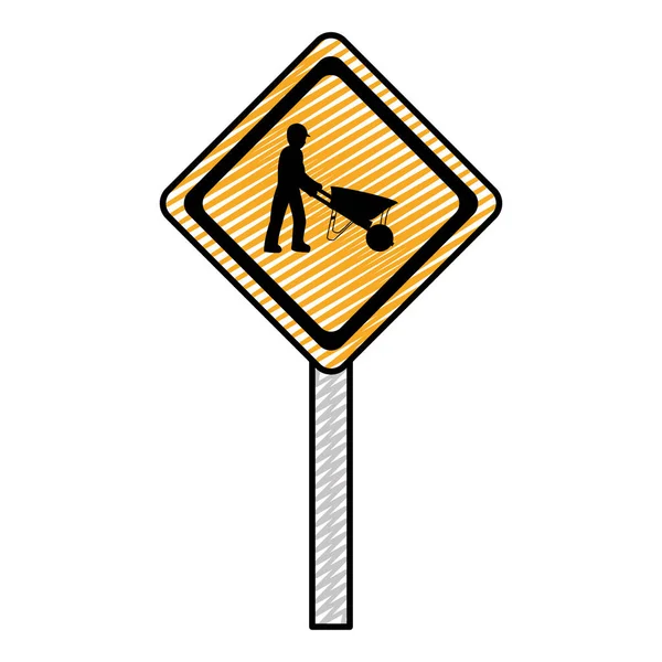 Doodle Diamond Caution Emblem Laborer Wheelbarrow Vector Illustration — Stock Vector