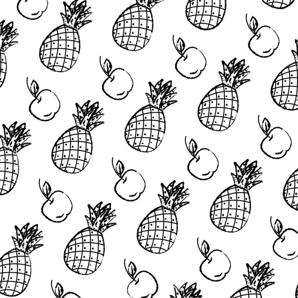 Grunge Delicioso Abacaxi Maçã Frutas Fundo Vetor Ilustração — Vetor de Stock