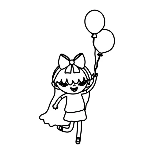 Linie Mädchen Kind Mit Langen Haaren Und Luftballons Vektor Illustration — Stockvektor