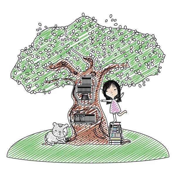 doodle girl playing with books inside tree and cat vector illustration