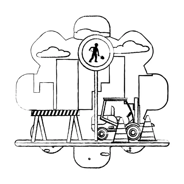 Emblema Trabajador Círculo Grunge Carretilla Elevadora Con Ilustración Vectorial Equipo — Vector de stock