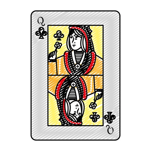 Doodle Queen Clubs Cartão Casino Jogo Vetor Ilustração —  Vetores de Stock