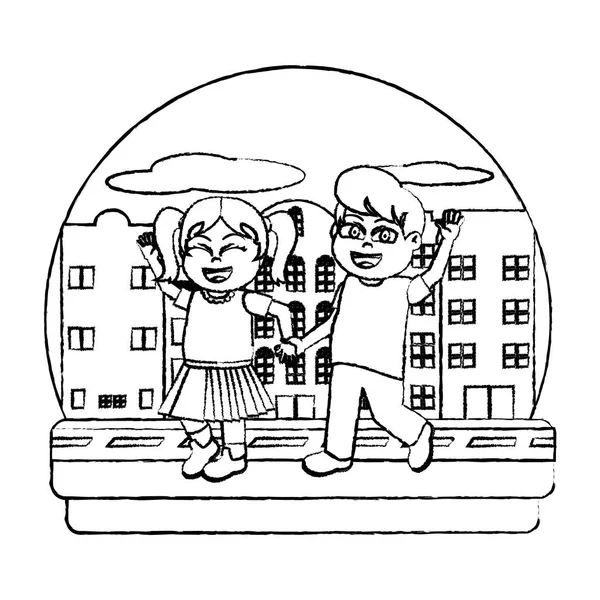 Grunge Happy Girl Boy Children Holding Hand Vector Ilustration — Stock Vector