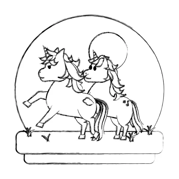 Grunge Belleza Unicornios Amigos Jugando Paisaje Vector Ilustración — Vector de stock